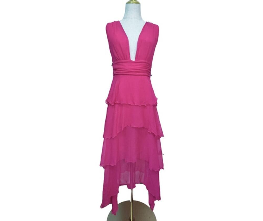 VERY Elle! Y2K Ungaro Fuchsia Pink Plunge V Neck Tiered Ruffle Midi Dress IT42